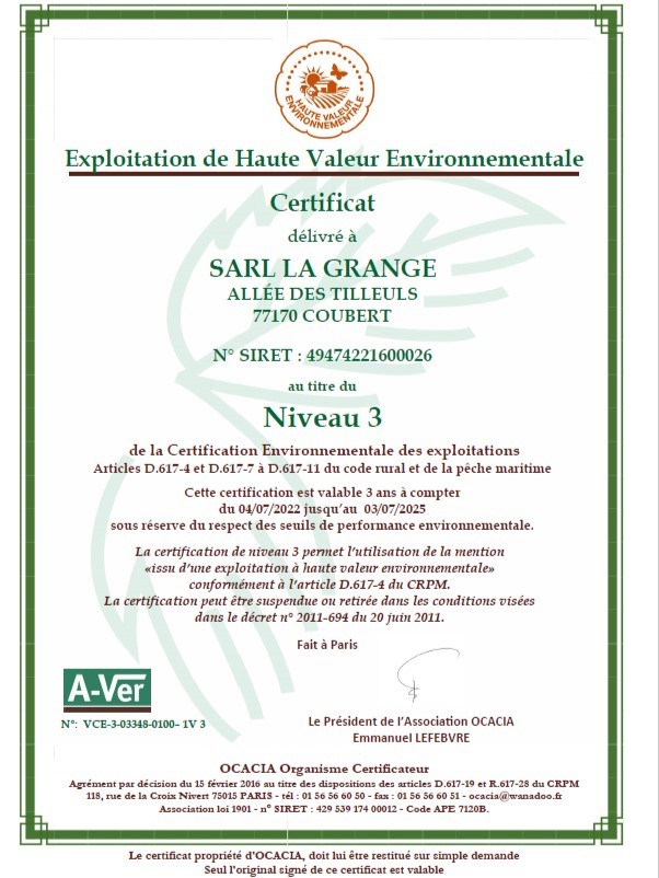 Certificat exploitation de haute valeur environnementale